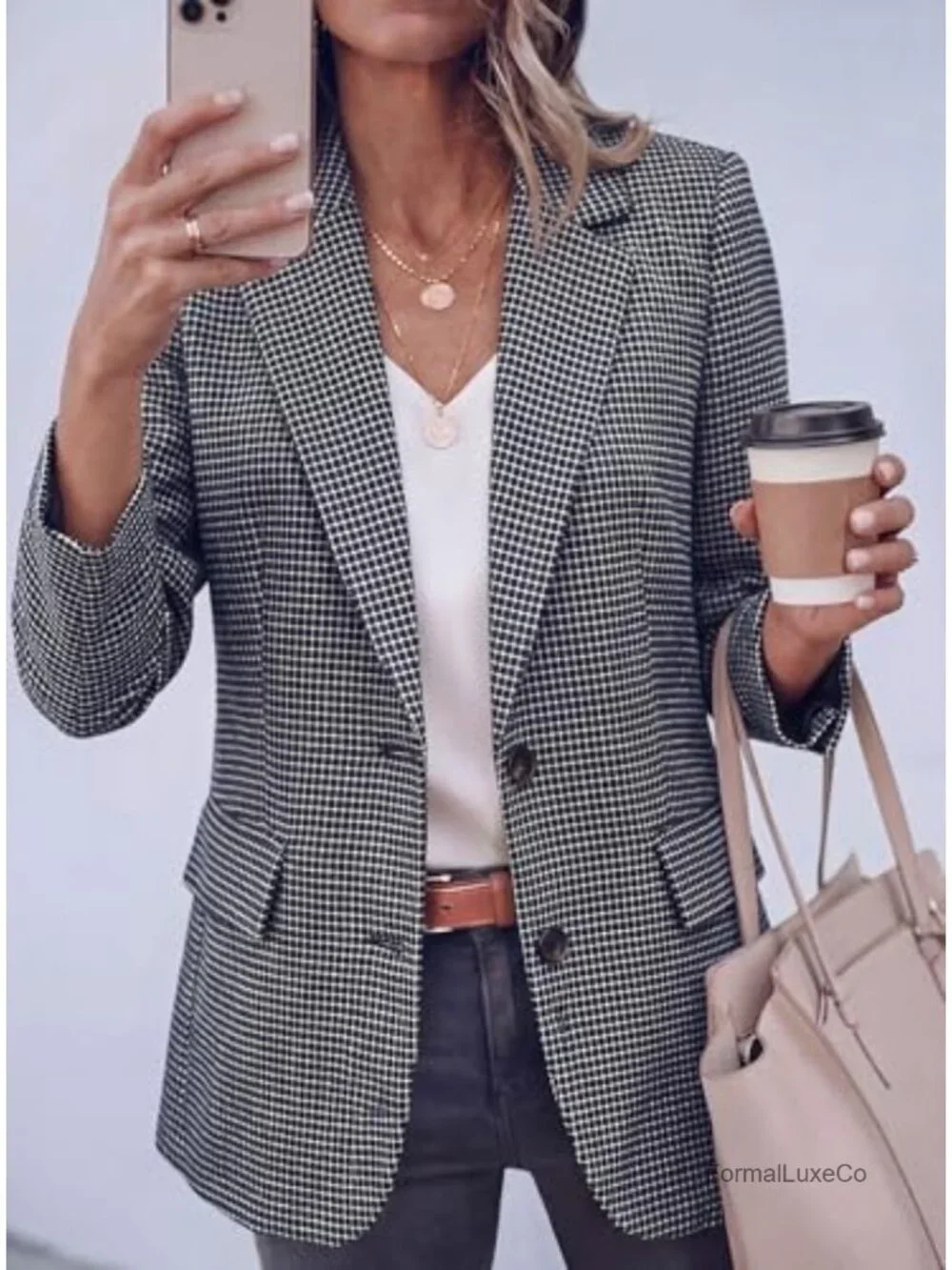 Long Sleeve Plaid Houndstooth Notch Lapel Blazer Business Casual Work Suit